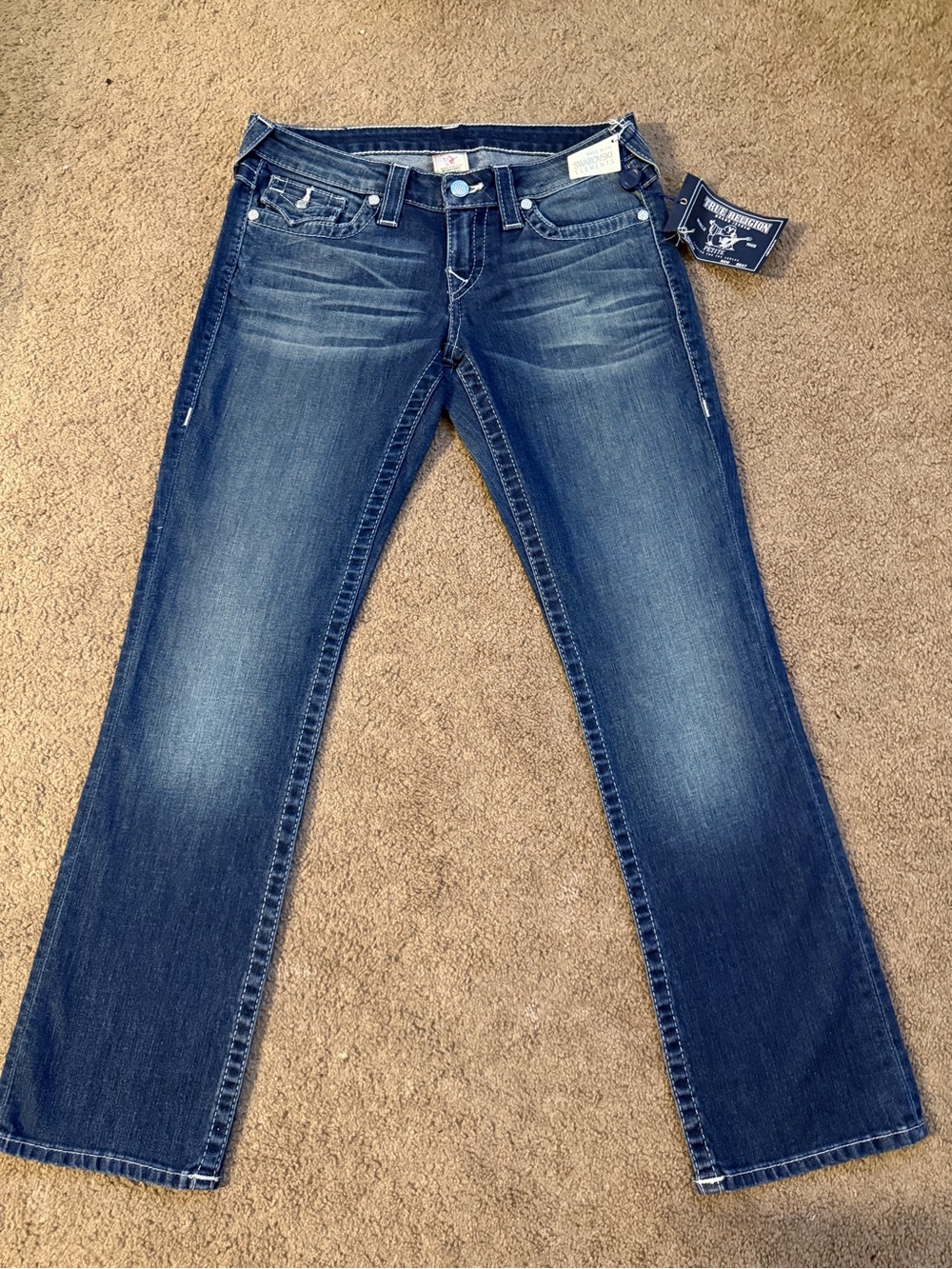 True Religion Women's Wide Leg Flare Jeans in Medium Blue Swarovski crystal